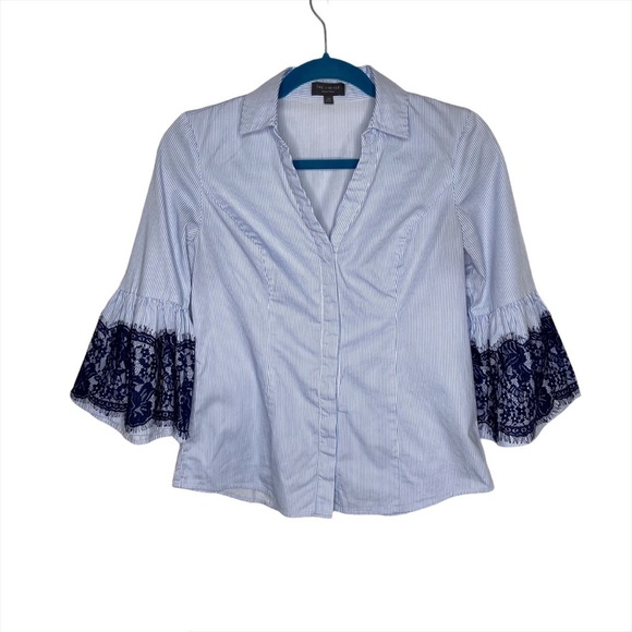 The Limited Blue Pinstriped Button Front Bell Sleeve Blouse - Picture 1 of 13
